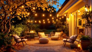 A photograph of a beautifully lit outdoor space featuring gooseneck lights illuminating a cozy gathering area