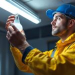 A photograph of a lighting contractor skillfully replacing a fluorescent light bulb with an led bulb in a commercial or residential setting