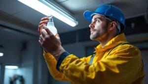 A photograph of a lighting contractor skillfully replacing a fluorescent light bulb with an led bulb in a commercial or residential setting