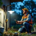 A photograph of a lighting contractor installing a solar power lamp in an outdoor setting