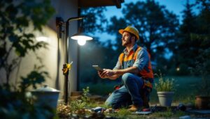 A photograph of a lighting contractor installing a solar power lamp in an outdoor setting