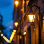 A photograph of a well-lit urban street scene featuring a stylish lamp post