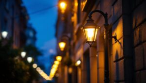 A photograph of a well-lit urban street scene featuring a stylish lamp post