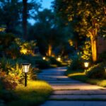 A photograph of a beautifully illuminated outdoor space featuring solar landscape flood lights
