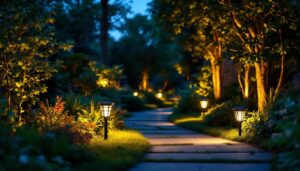 A photograph of a beautifully illuminated outdoor space featuring solar landscape flood lights