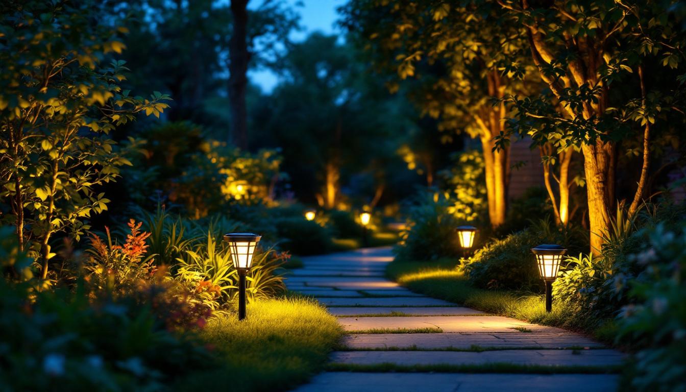 A photograph of a beautifully illuminated outdoor space featuring solar landscape flood lights