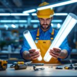 A photograph of a lighting contractor comparing t8 and t12 fluorescent tubes in a well-lit workspace