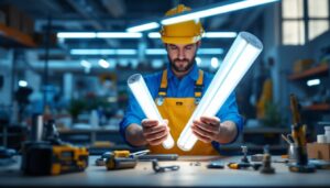 A photograph of a lighting contractor comparing t8 and t12 fluorescent tubes in a well-lit workspace