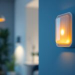 A photograph of a modern light control sensor installed in a home or office environment