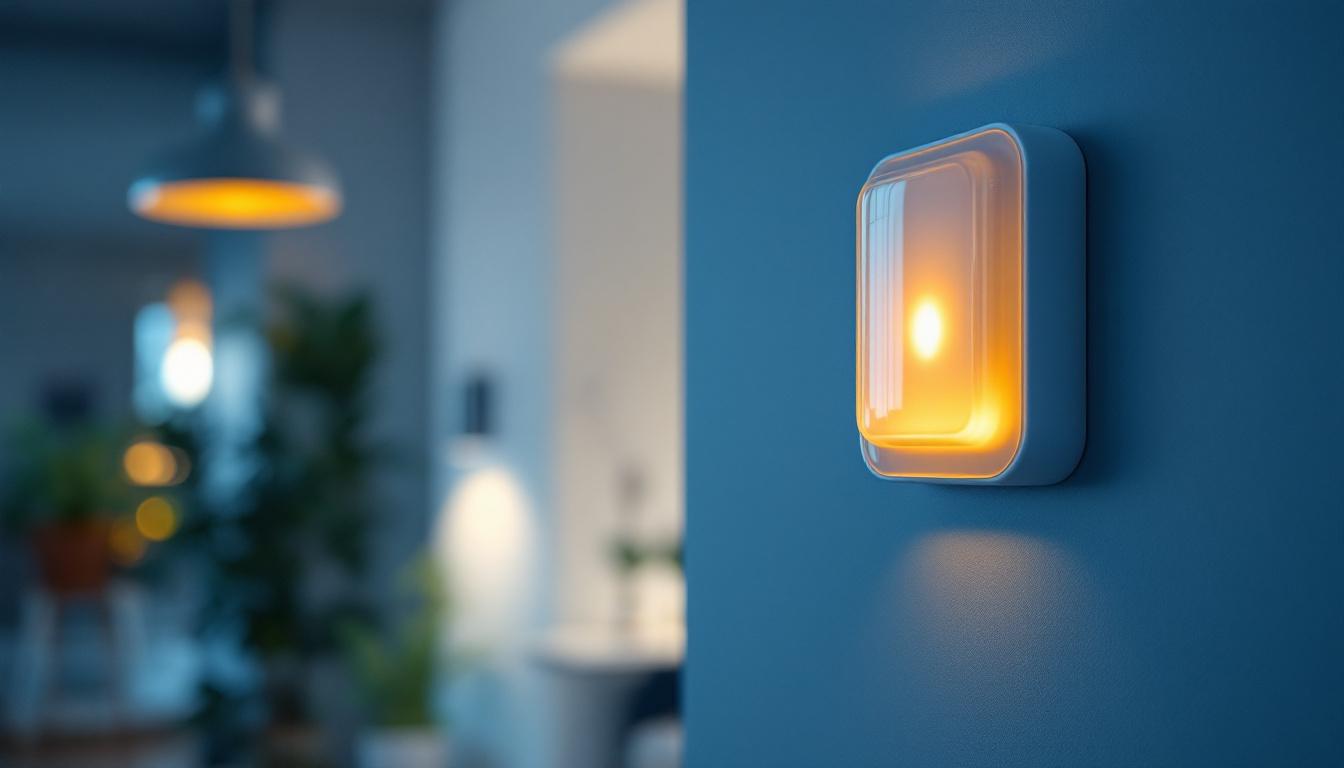 A photograph of a modern light control sensor installed in a home or office environment