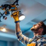 A photograph of a lighting contractor skillfully installing pot lights in a drop ceiling
