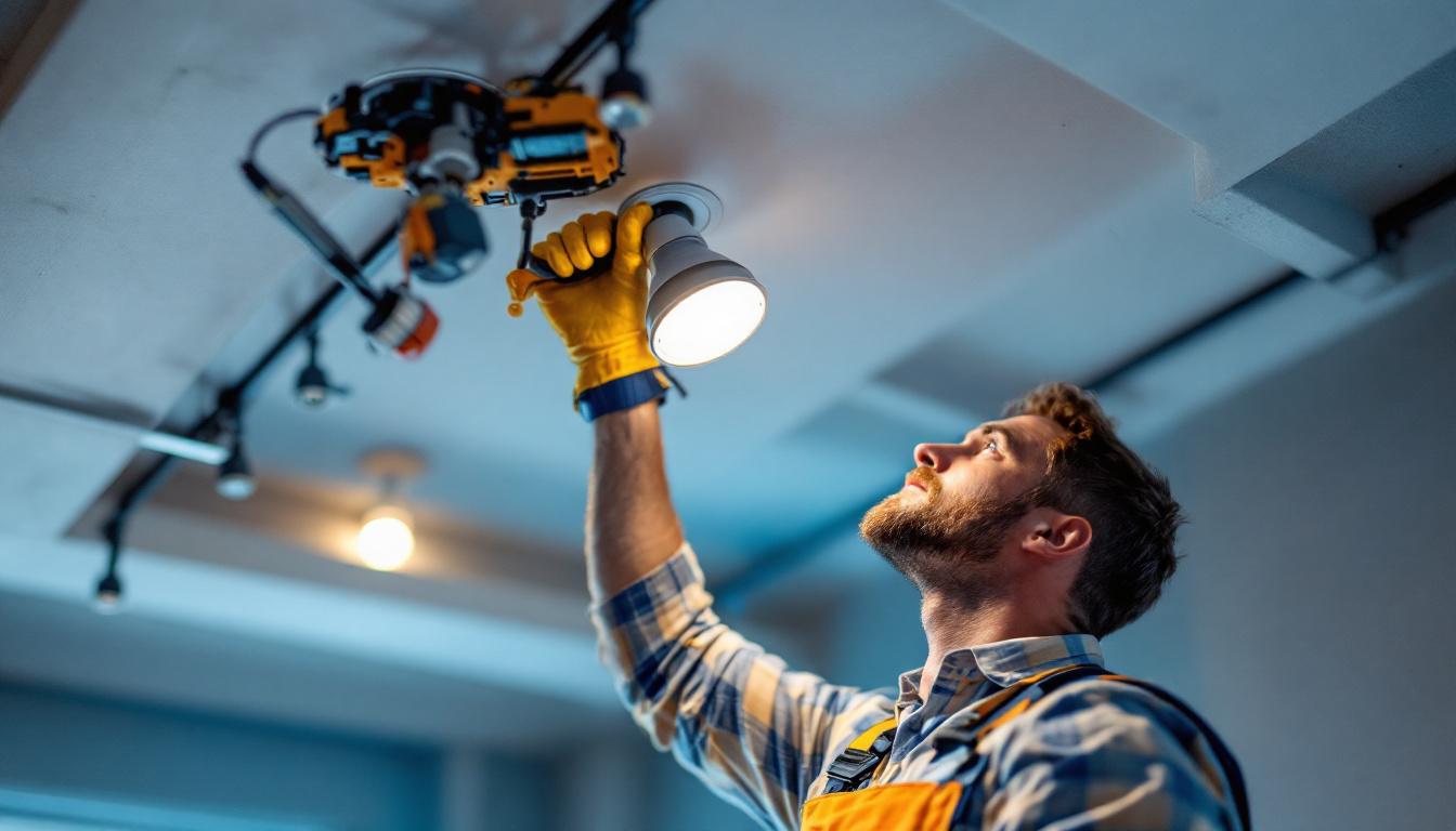A photograph of a lighting contractor skillfully installing pot lights in a drop ceiling