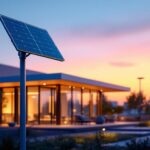 A photograph of a modern solar-powered building light illuminating an outdoor space at dusk