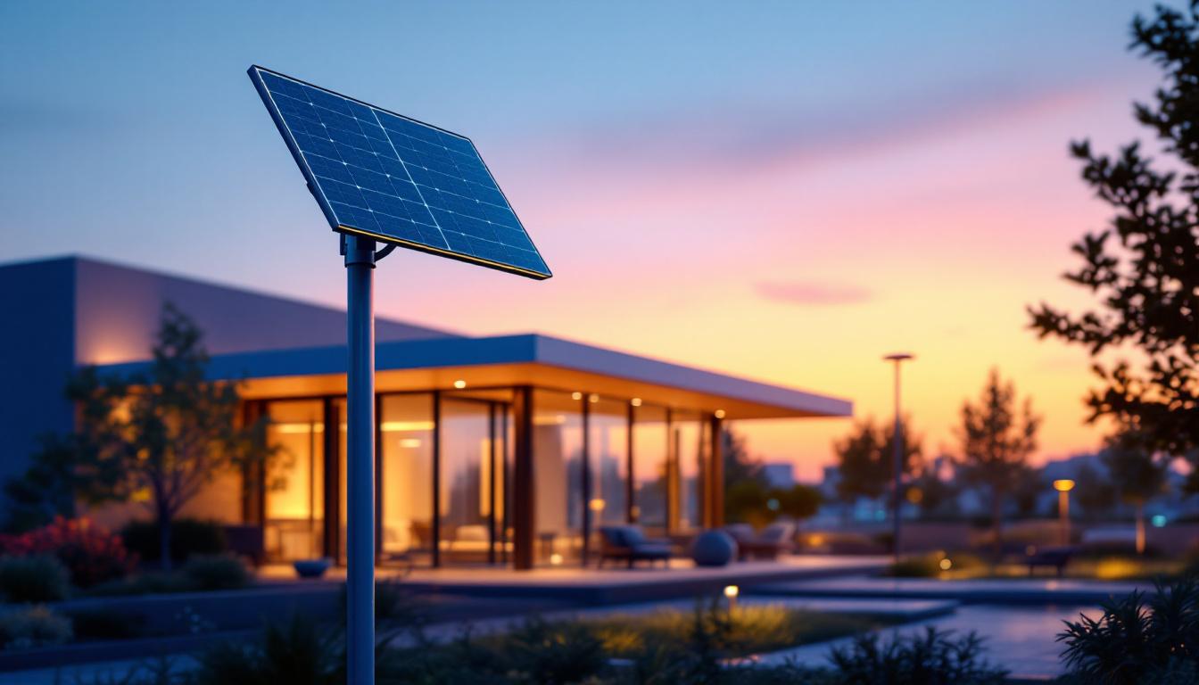 A photograph of a modern solar-powered building light illuminating an outdoor space at dusk