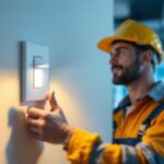 A photograph of a lighting contractor installing a commercial motion sensor light switch in a well-lit office or retail environment