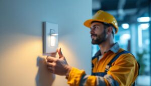 A photograph of a lighting contractor installing a commercial motion sensor light switch in a well-lit office or retail environment