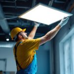 A photograph of capture a photograph of a lighting contractor installing a 12x12 square led retrofit panel in a commercial space