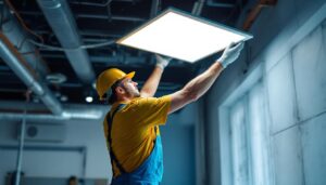 A photograph of capture a photograph of a lighting contractor installing a 12x12 square led retrofit panel in a commercial space