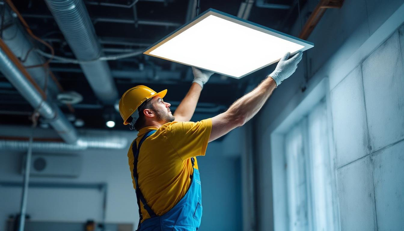 A photograph of capture a photograph of a lighting contractor installing a 12x12 square led retrofit panel in a commercial space