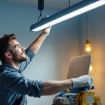 A photograph of a skilled electrician or diy enthusiast confidently mounting a sleek fluorescent light fixture in a well-lit room