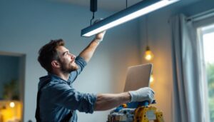 A photograph of a skilled electrician or diy enthusiast confidently mounting a sleek fluorescent light fixture in a well-lit room