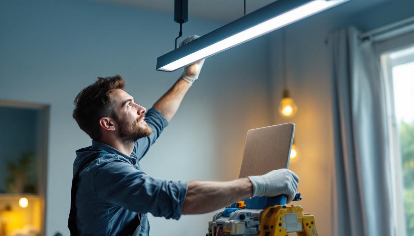 A photograph of a skilled electrician or diy enthusiast confidently mounting a sleek fluorescent light fixture in a well-lit room