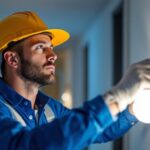 A photograph of a lighting contractor inspecting and installing self-ballasted led lamps in a modern residential or commercial setting