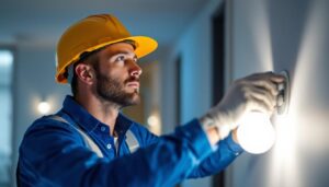 A photograph of a lighting contractor inspecting and installing self-ballasted led lamps in a modern residential or commercial setting