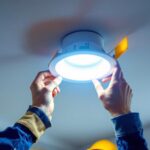 A photograph of a skilled lighting contractor installing a led insert into a recessed light fixture