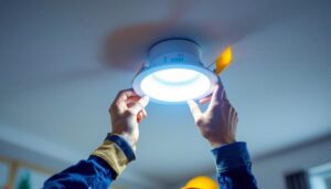 A photograph of a skilled lighting contractor installing a led insert into a recessed light fixture