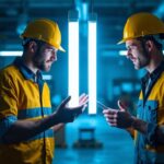 A photograph of a side-by-side comparison of t8 and t12 fluorescent light tubes