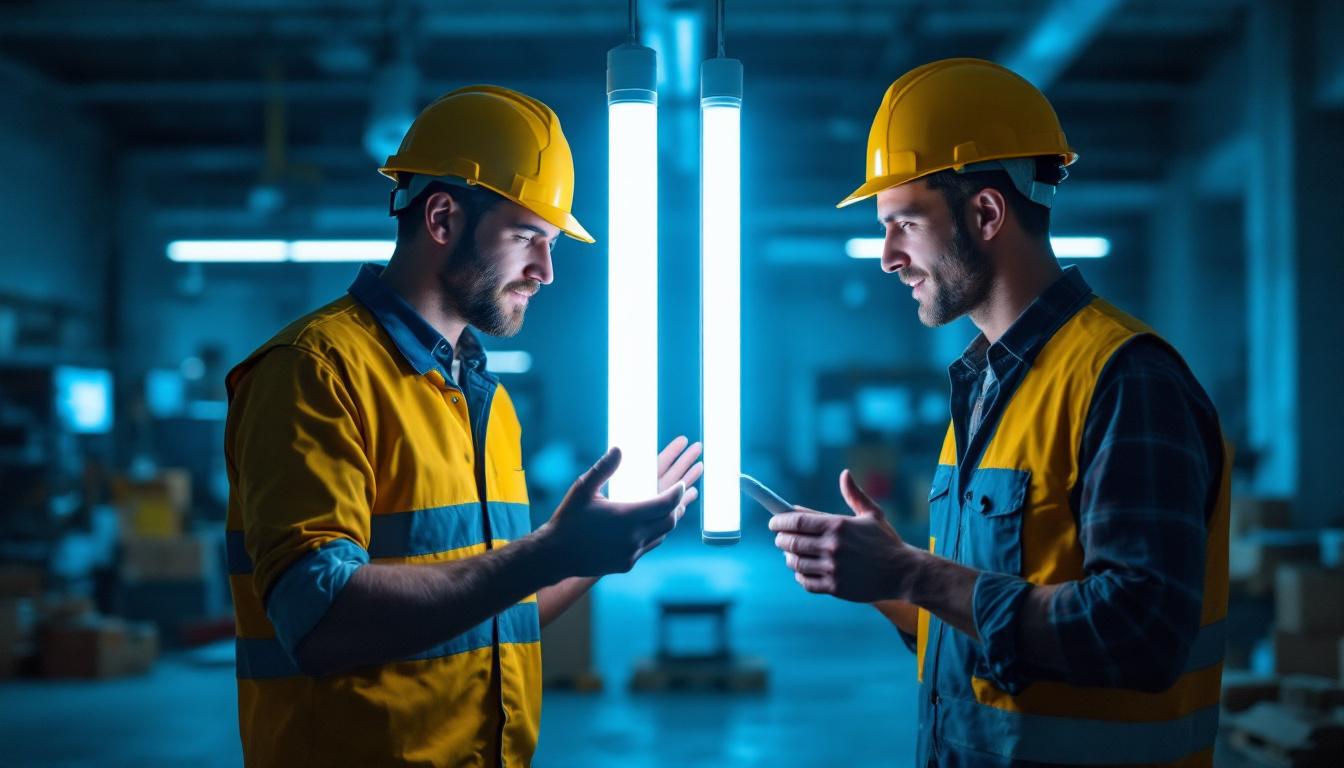 A photograph of a side-by-side comparison of t8 and t12 fluorescent light tubes
