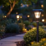 A photograph of capture a photograph of a beautifully illuminated outdoor space featuring solar post top lights installed on decorative posts