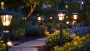 A photograph of capture a photograph of a beautifully illuminated outdoor space featuring solar post top lights installed on decorative posts