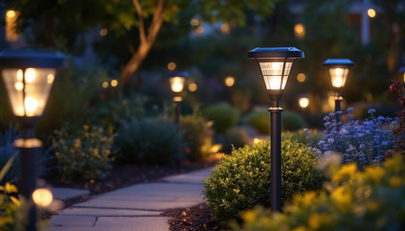 A photograph of capture a photograph of a beautifully illuminated outdoor space featuring solar post top lights installed on decorative posts
