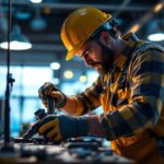 A photograph of a lighting contractor in action