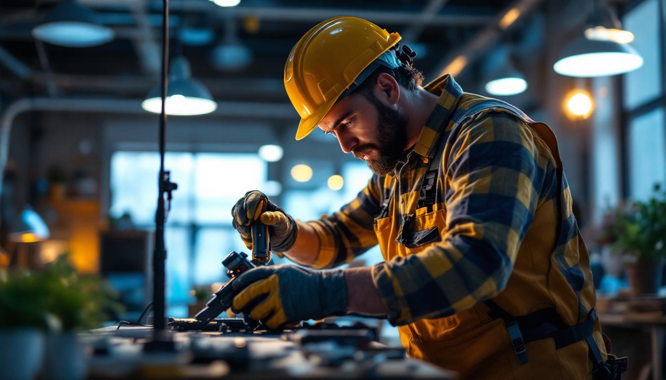 A photograph of a lighting contractor in action
