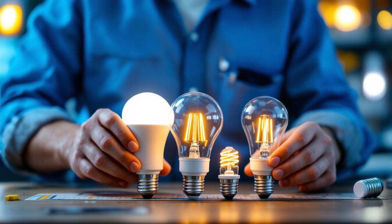 A photograph of a lighting contractor comparing various led bulbs of different brightness levels