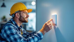 A photograph of a lighting contractor installing a sleek switch dimmer in a modern home setting