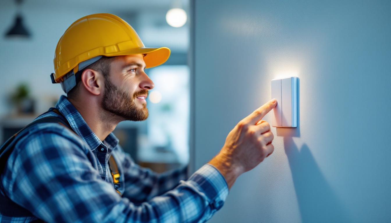 A photograph of a lighting contractor installing a sleek switch dimmer in a modern home setting