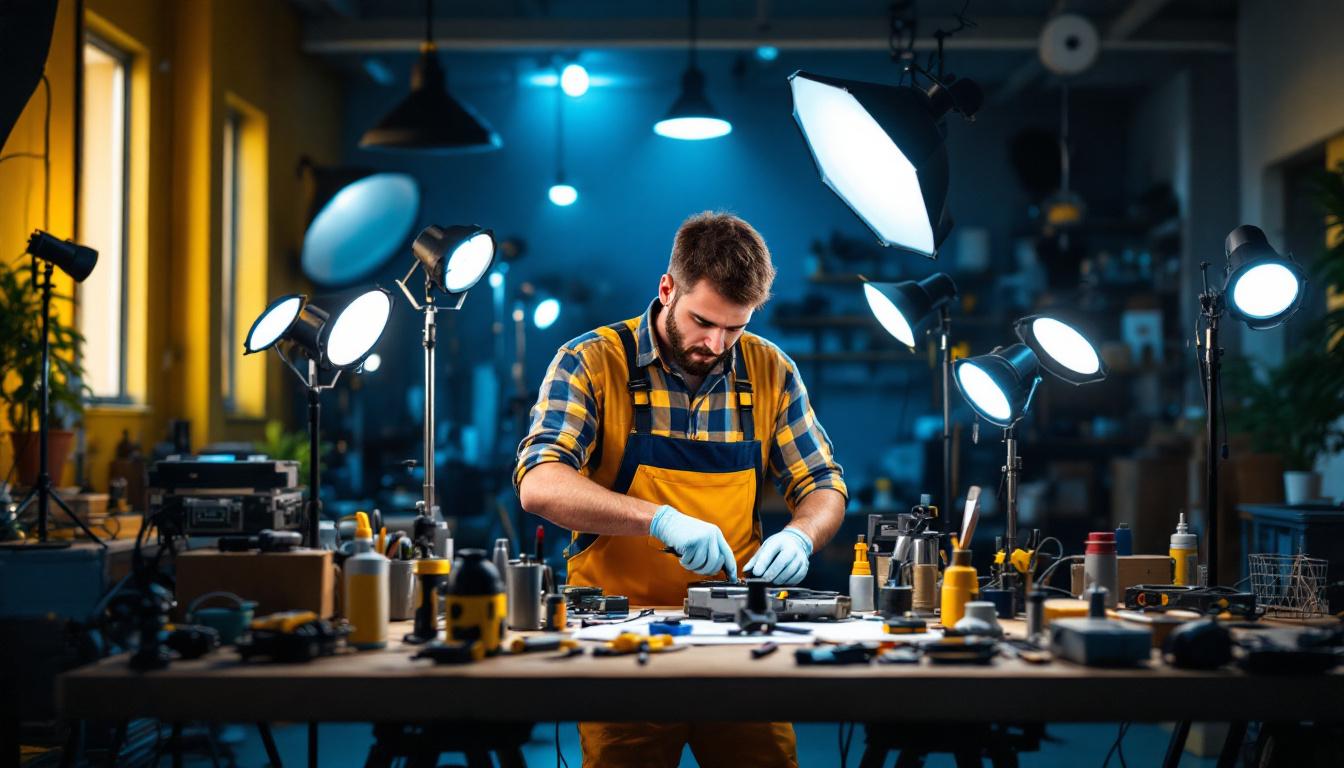 A photograph of a lighting contractor efficiently working with a variety of lighting fixtures and tools in a well-organized workspace