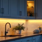 A photograph of a well-lit kitchen showcasing stylish under cabinet lighting installations