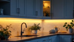 A photograph of a well-lit kitchen showcasing stylish under cabinet lighting installations