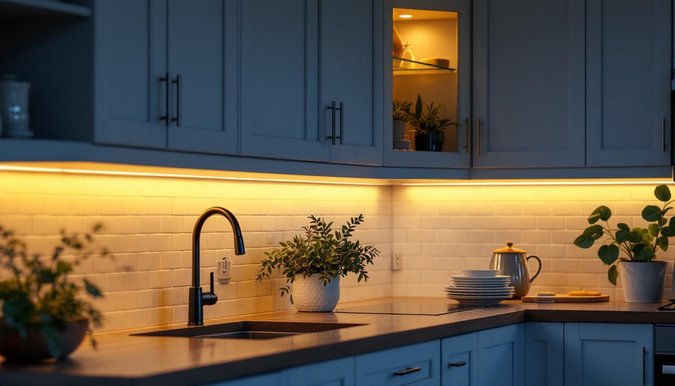 A photograph of a well-lit kitchen showcasing stylish under cabinet lighting installations