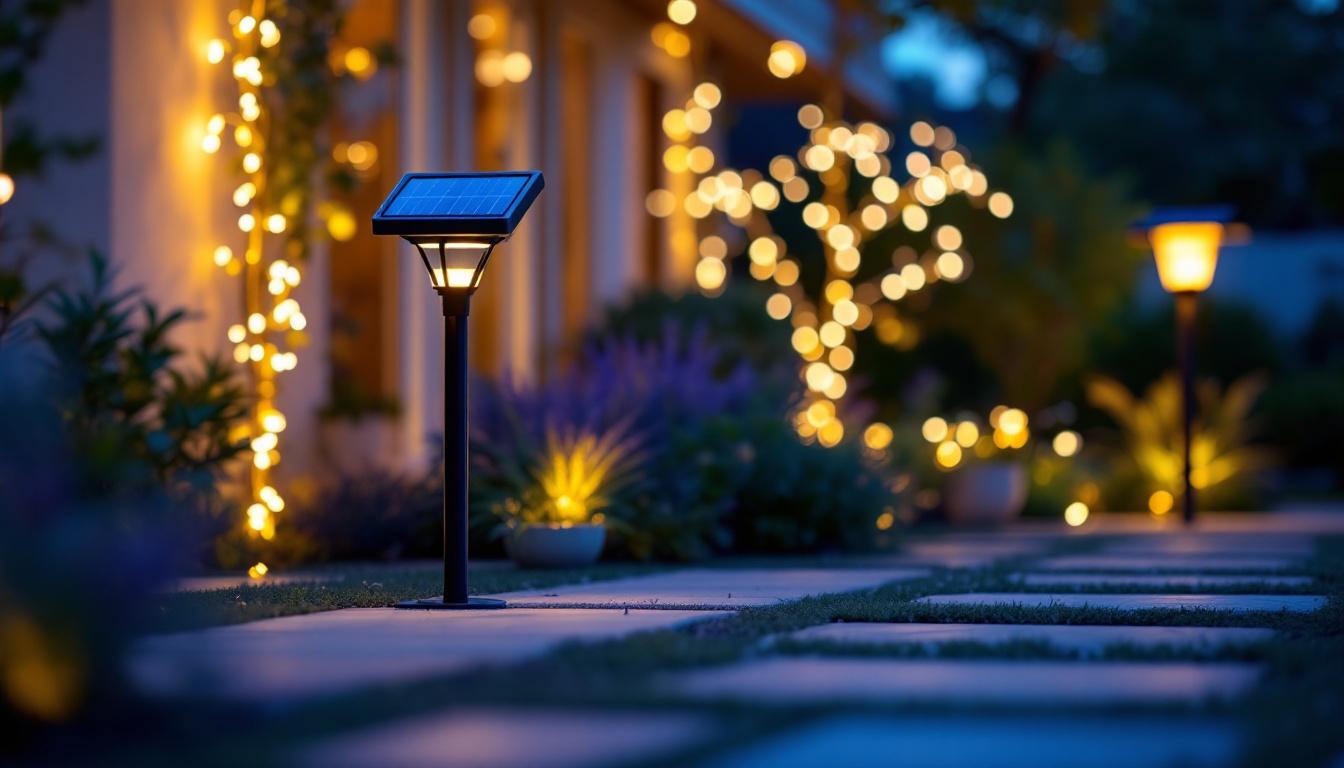 A photograph of a beautifully illuminated outdoor space featuring various led solar lights in use