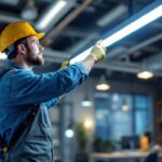 A photograph of a professional lighting contractor installing or demonstrating 6 ft led lights in a modern workspace