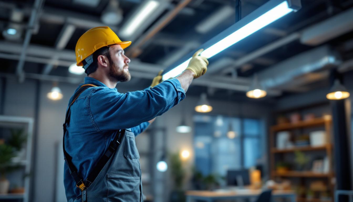 A photograph of a professional lighting contractor installing or demonstrating 6 ft led lights in a modern workspace