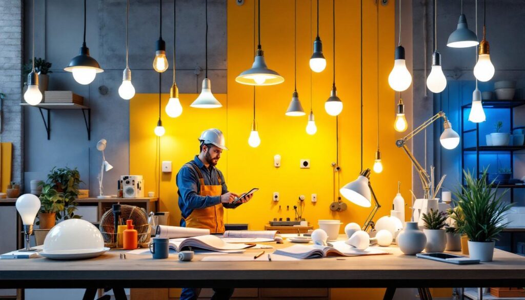 A photograph of a well-organized workspace featuring a variety of smart light bulbs and lighting fixtures