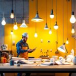 A photograph of a well-organized workspace featuring a variety of smart light bulbs and lighting fixtures
