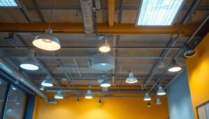 A photograph of a well-designed suspended ceiling with various lighting fixtures installed